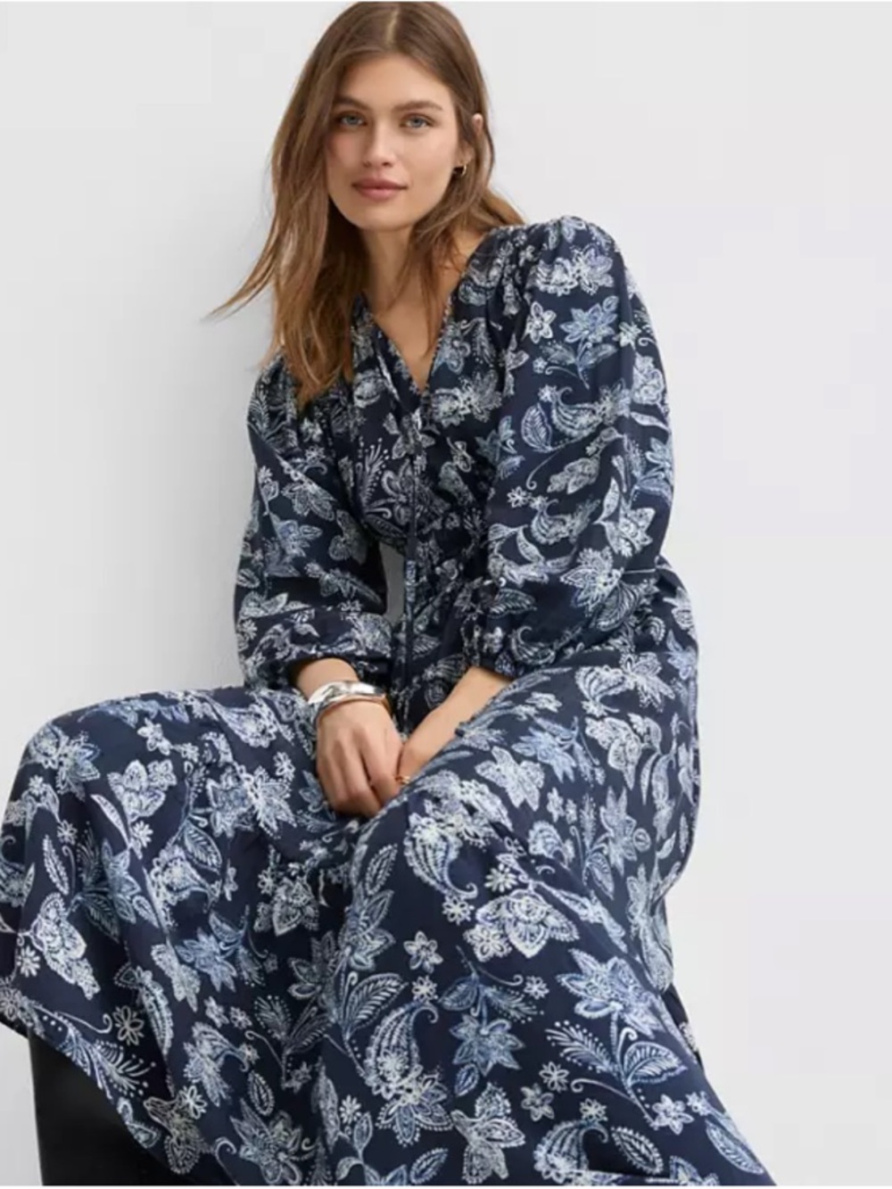 LOFT Blue Floral Shirt Maxi Dress Size 10 Button Front Long Sleeve - Picture 2 of 14